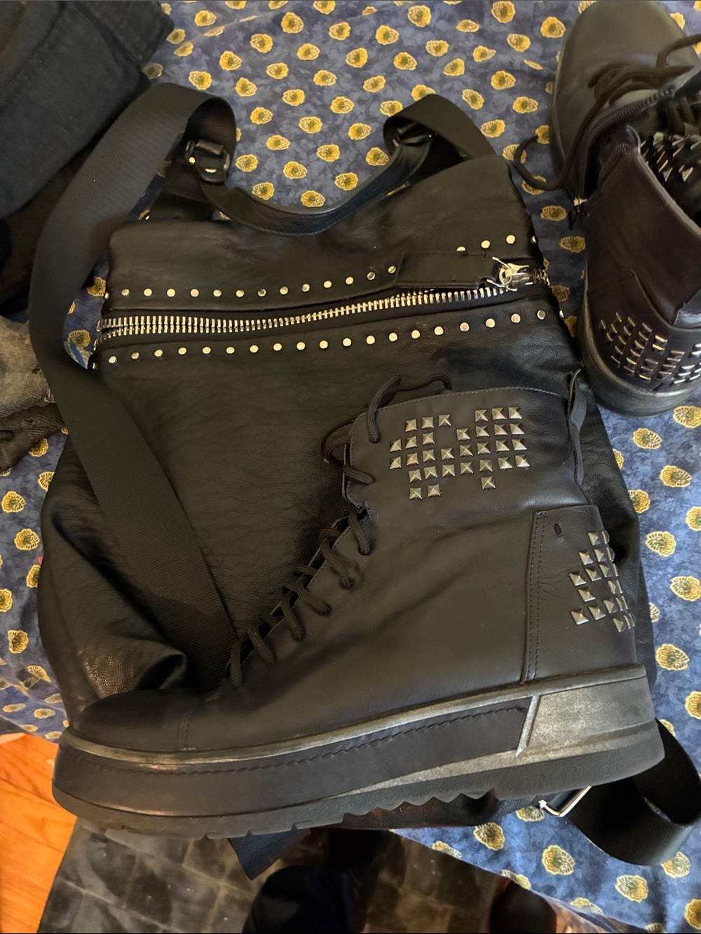 Black Studded Crossbody Bag and High-Top Boot Set